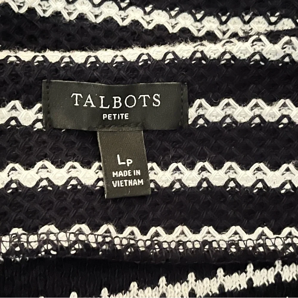Talbots Sweater Womens Petite L Black White Stripes Knit Gold Button Nautical